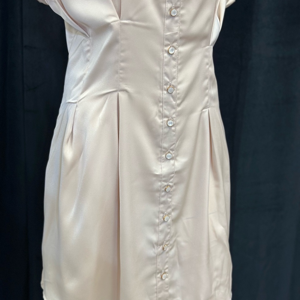 Beige Cream Satin Button Down Collared Shirt Dres… - image 5